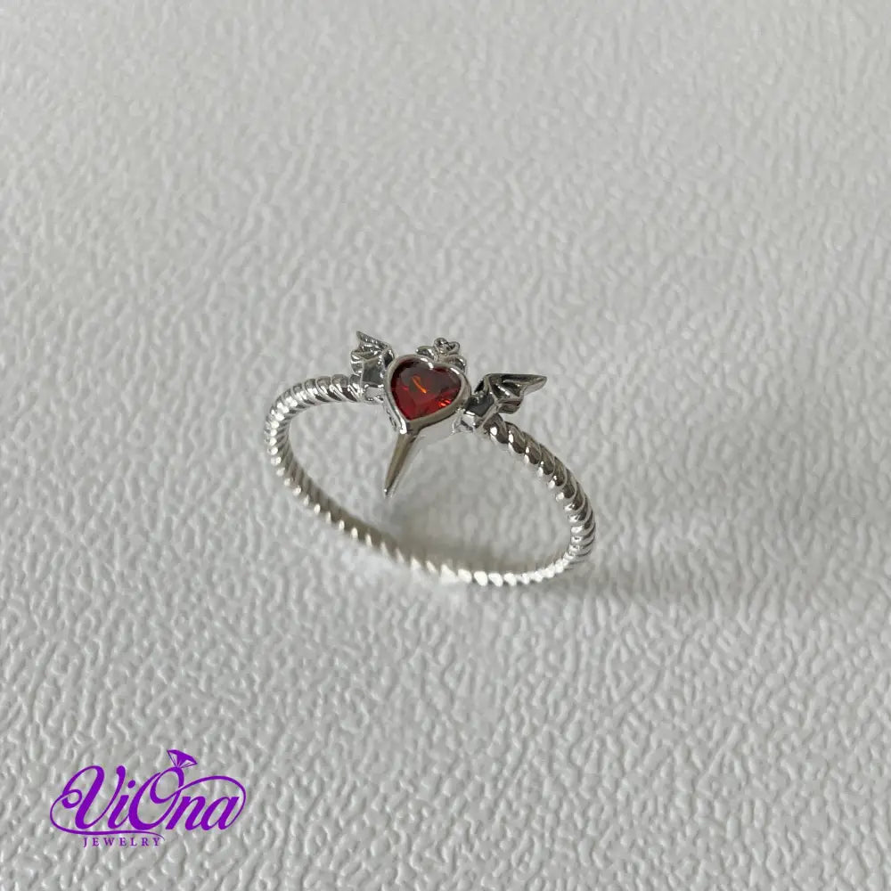 Pure 925 Sterling Silver Red Heart Devil Ring with Wings