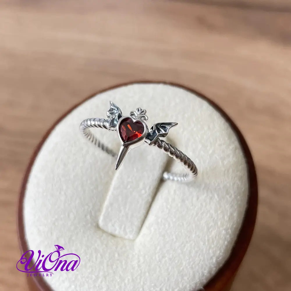 Pure 925 Sterling Silver Red Heart Devil Ring with Wings