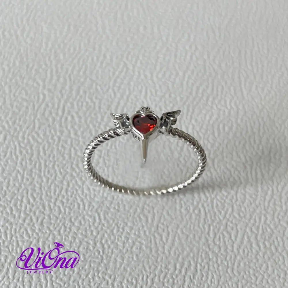 Pure 925 Sterling Silver Red Heart Devil Ring with Wings