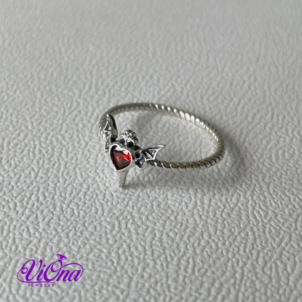 Pure 925 Sterling Silver Red Heart Devil Ring with Wings