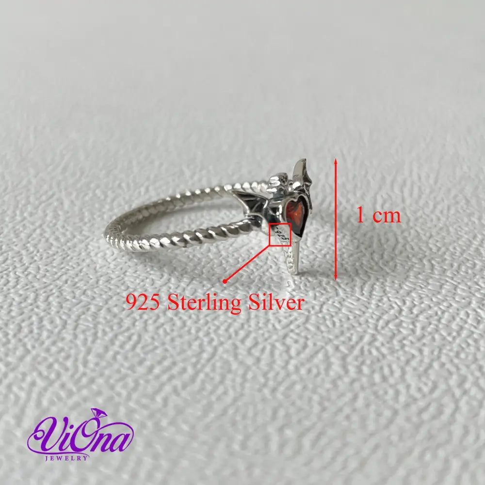 Pure 925 Sterling Silver Red Heart Devil Ring with Wings