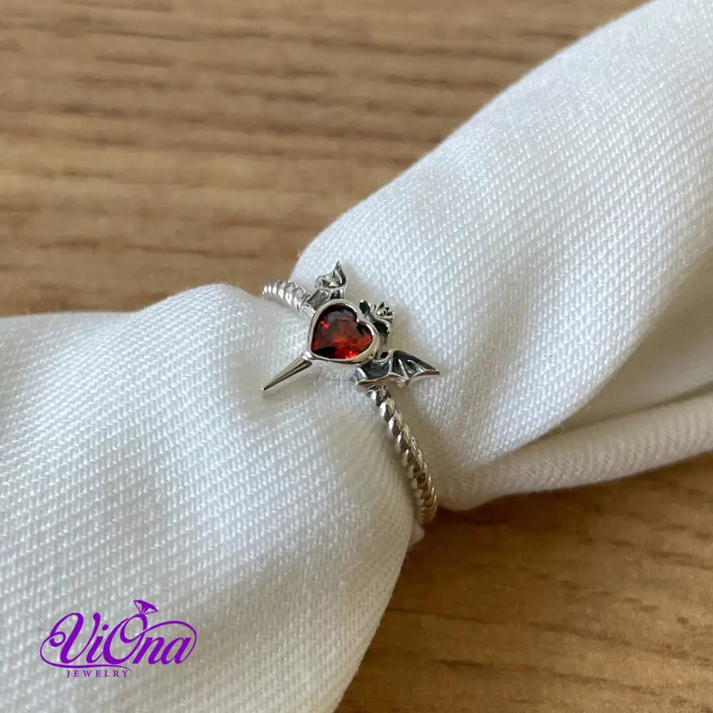 Pure 925 Sterling Silver Red Heart Devil Ring with Wings