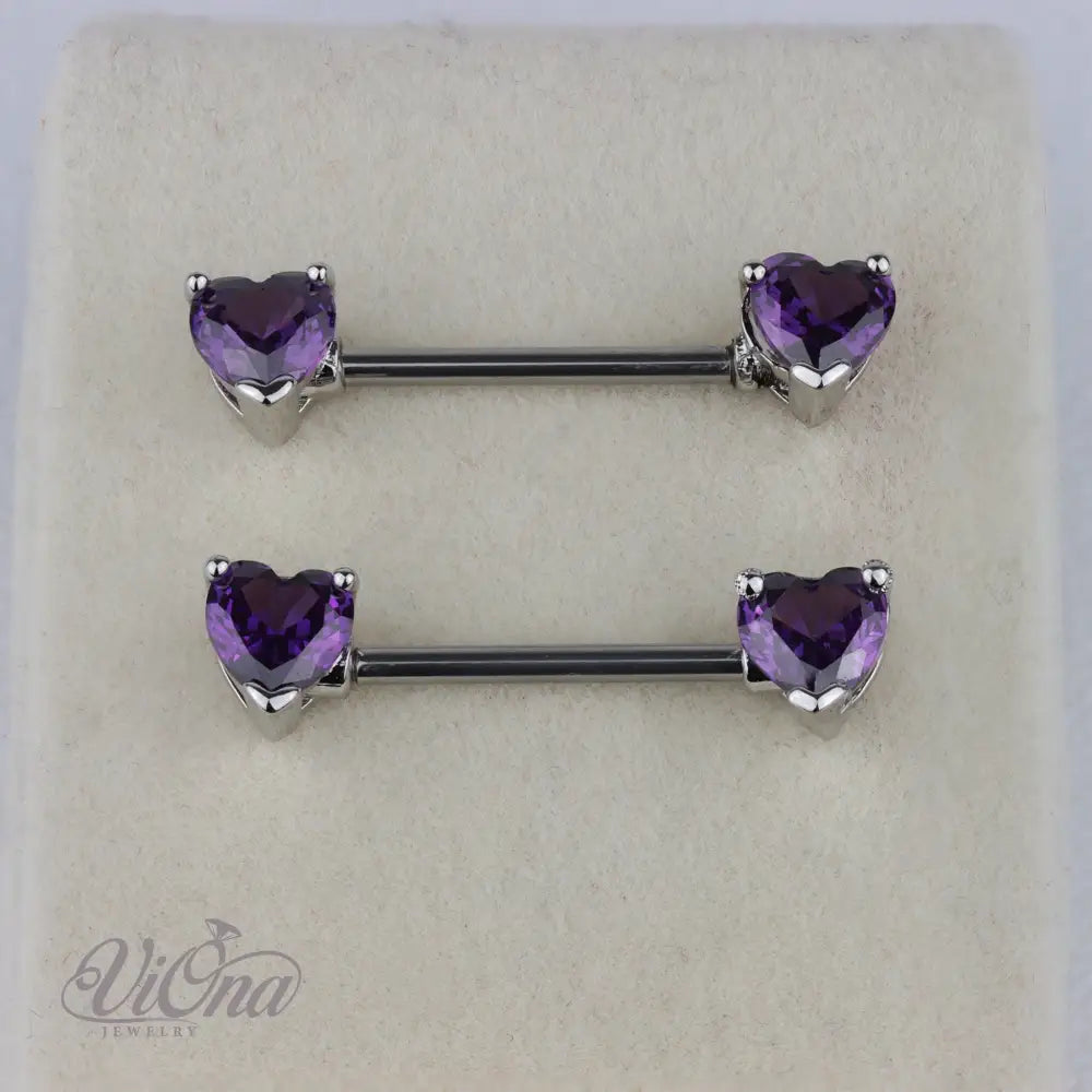 Purple Heart-Shaped Nipple Piercing Pair from Anti-Rust and Tarnish-Resistant 316L Surgical Steel in 14G Gauge