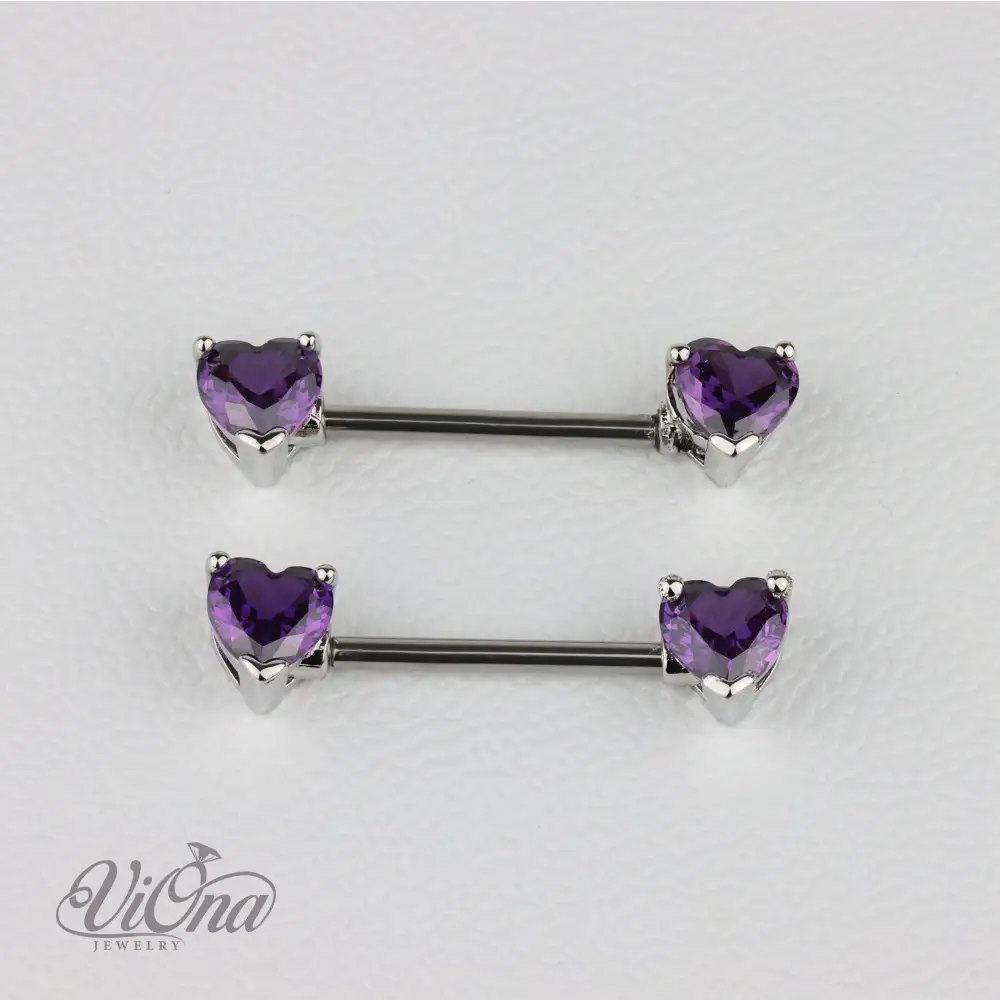 Purple Heart-Shaped Nipple Piercing Pair from Anti-Rust and Tarnish-Resistant 316L Surgical Steel in 14G Gauge