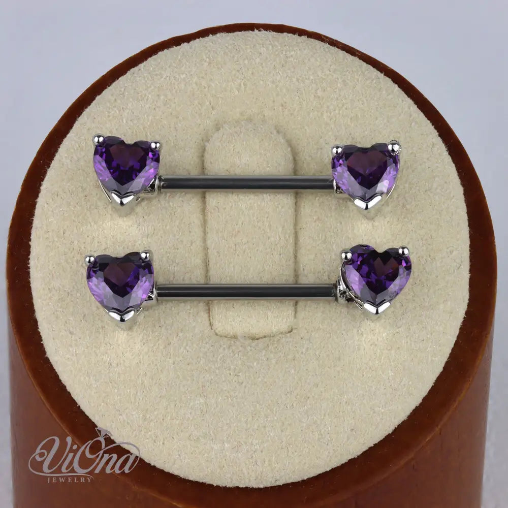 Purple Heart-Shaped Nipple Piercing Pair from Anti-Rust and Tarnish-Resistant 316L Surgical Steel in 14G Gauge