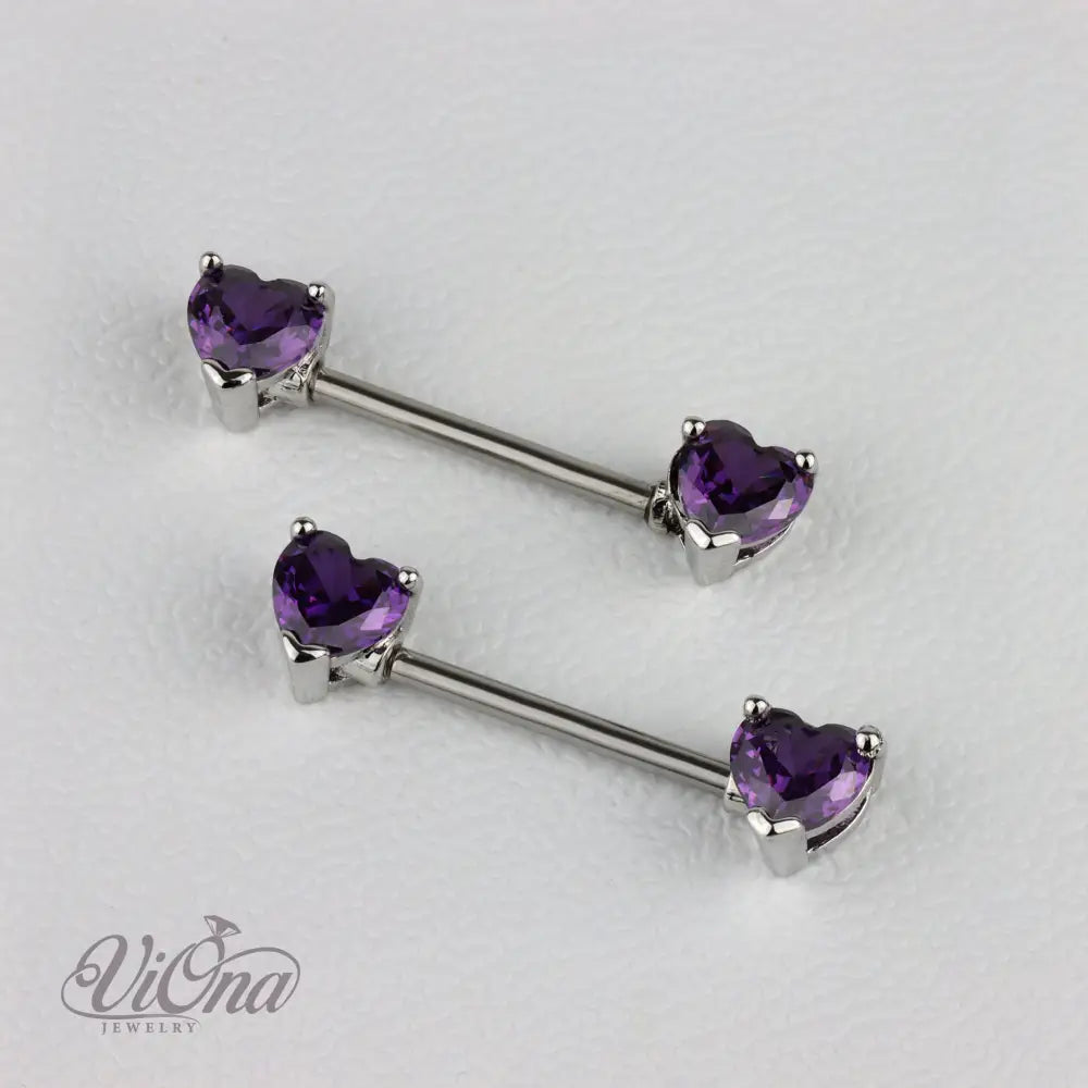 Purple Heart-Shaped Nipple Piercing Pair from Anti-Rust and Tarnish-Resistant 316L Surgical Steel in 14G Gauge