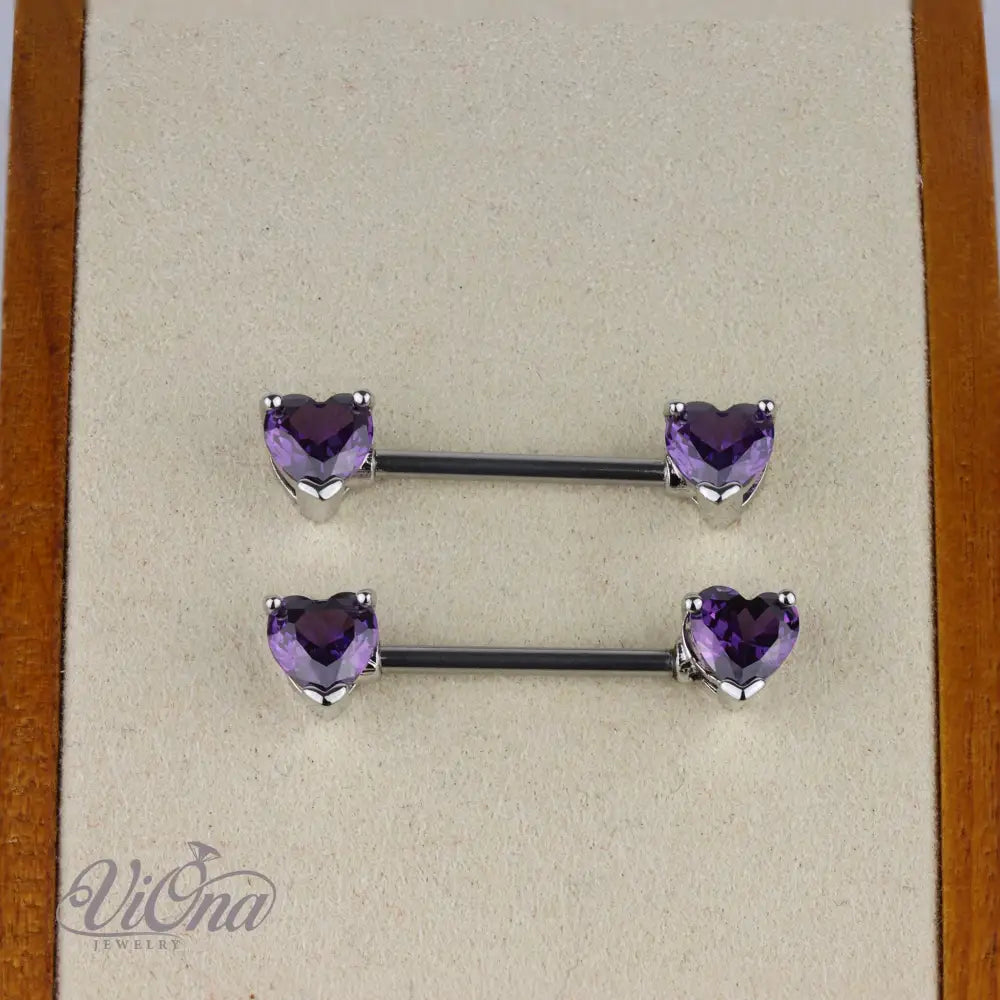 Purple Heart-Shaped Nipple Piercing Pair from Anti-Rust and Tarnish-Resistant 316L Surgical Steel in 14G Gauge