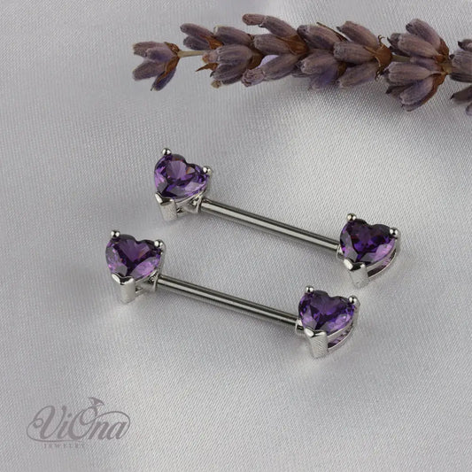 Purple Heart-Shaped Nipple Piercing Pair from Anti-Rust and Tarnish-Resistant 316L Surgical Steel in 14G Gauge