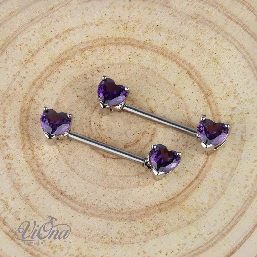 Purple Heart-Shaped Nipple Piercing Pair from Anti-Rust and Tarnish-Resistant 316L Surgical Steel in 14G Gauge