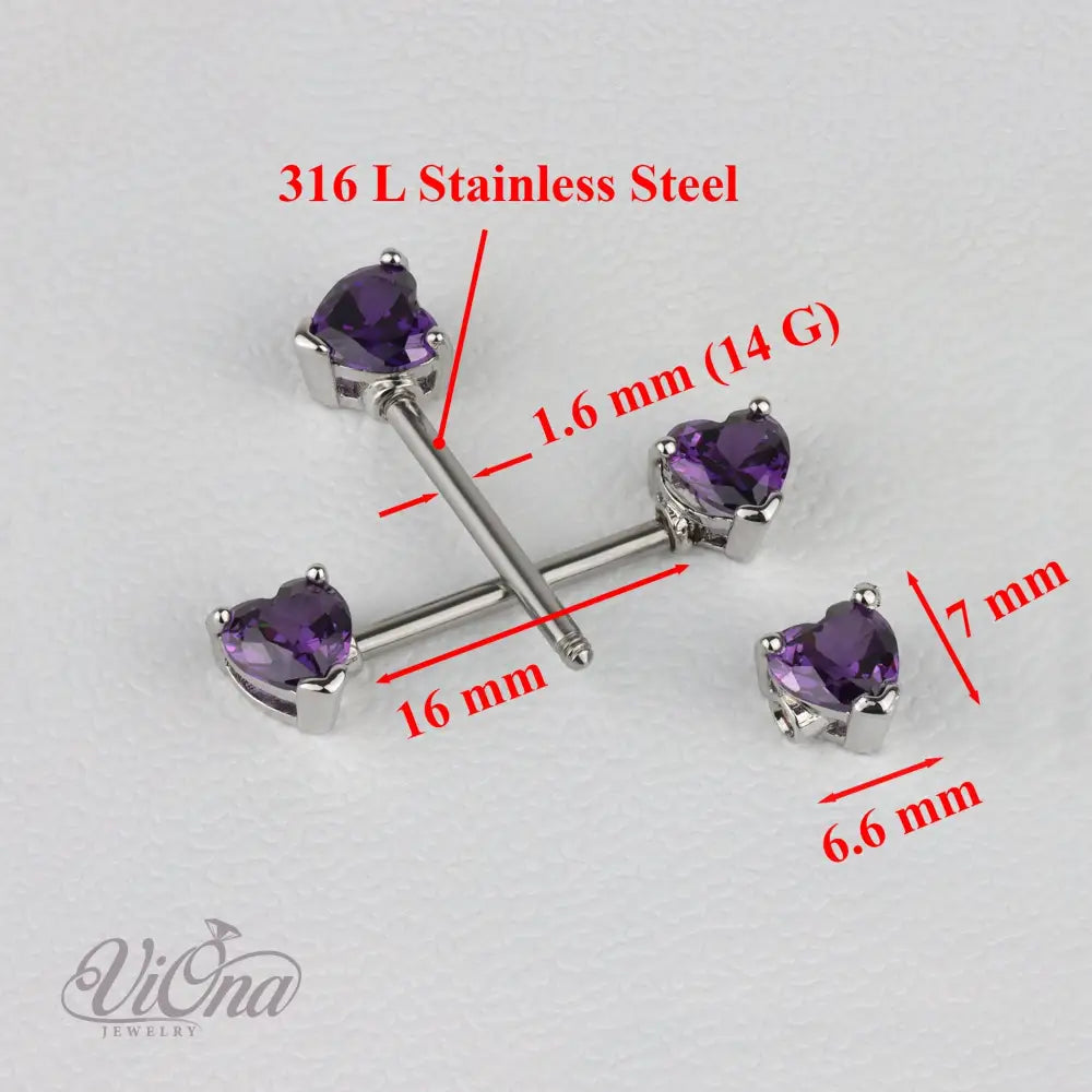 Purple Heart-Shaped Nipple Piercing Pair from Anti-Rust and Tarnish-Resistant 316L Surgical Steel in 14G Gauge