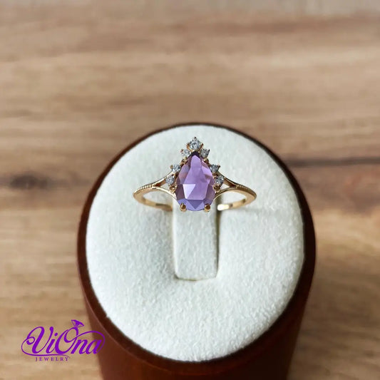 Real Amethyst Gemstone Ring with Premium Gold Plated 925 Sterling Silver