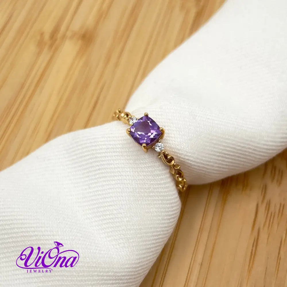 Real Amethyst Ring, Princess Cut with high quality gold plated 925 Sterling Silver, Stamped