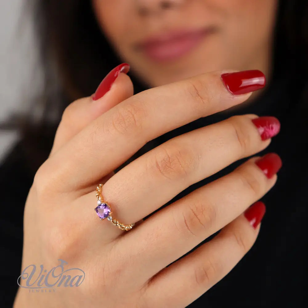 Real Amethyst Ring, Princess Cut with high quality gold plated 925 Sterling Silver, Stamped