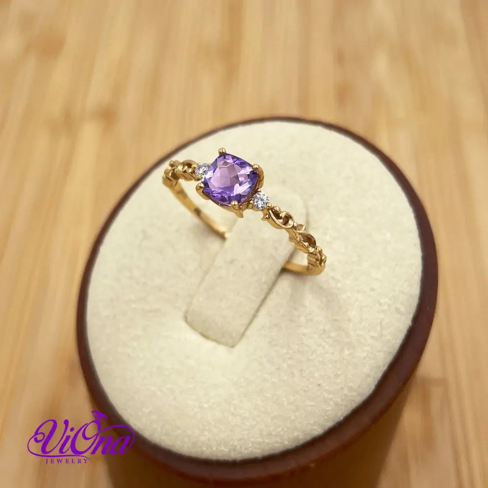 Real Amethyst Ring, Princess Cut with high quality gold plated 925 Sterling Silver, Stamped