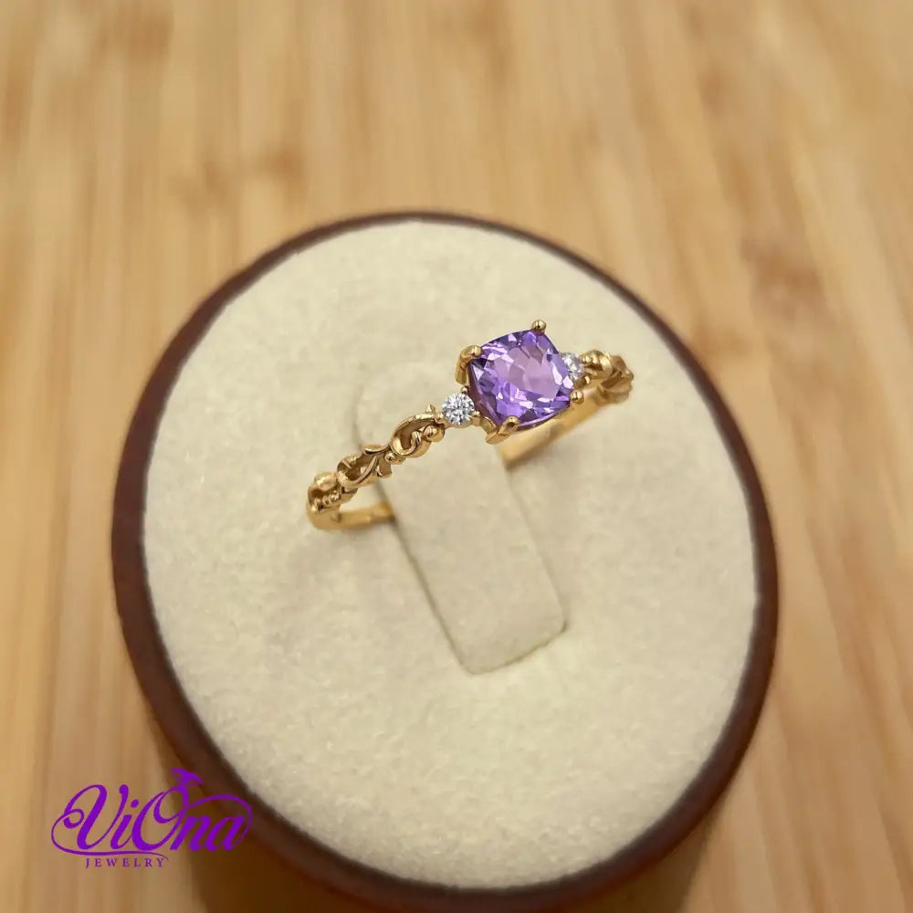 Real Amethyst Ring, Princess Cut with high quality gold plated 925 Sterling Silver, Stamped