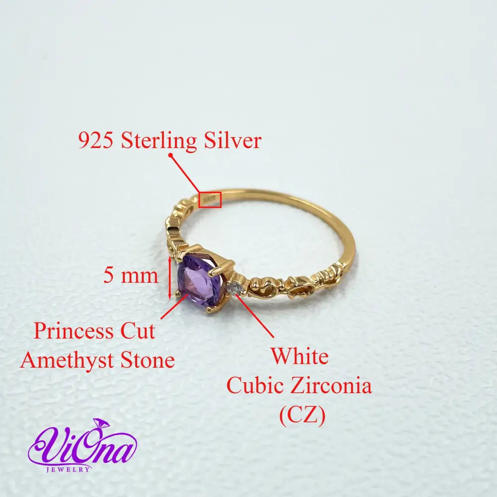 Real Amethyst Ring, Princess Cut with high quality gold plated 925 Sterling Silver, Stamped