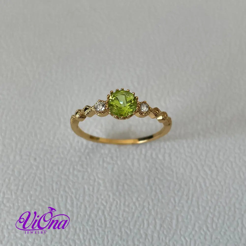 Real Peridot Ring, Round Cut in Gold Plated 925 Sterling Silver with Premium Quality Polished surface plus two CZ side stones