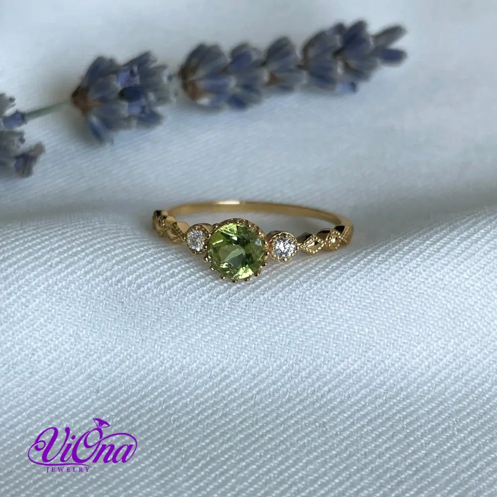 Real Peridot Ring, Round Cut in Gold Plated 925 Sterling Silver with Premium Quality Polished surface plus two CZ side stones