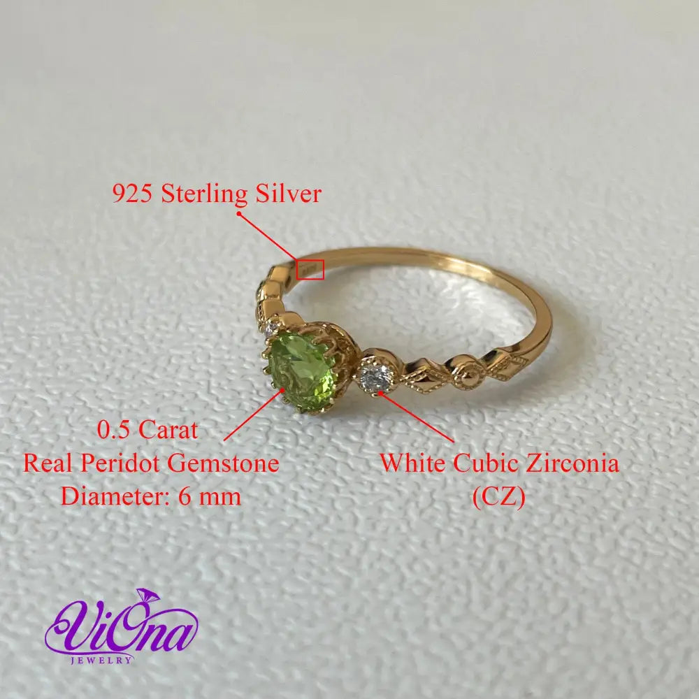 Real Peridot Ring, Round Cut in Gold Plated 925 Sterling Silver with Premium Quality Polished surface plus two CZ side stones