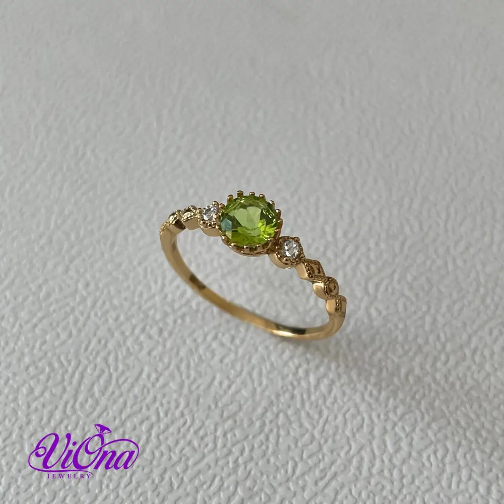 Real Peridot Ring, Round Cut in Gold Plated 925 Sterling Silver with Premium Quality Polished surface plus two CZ side stones