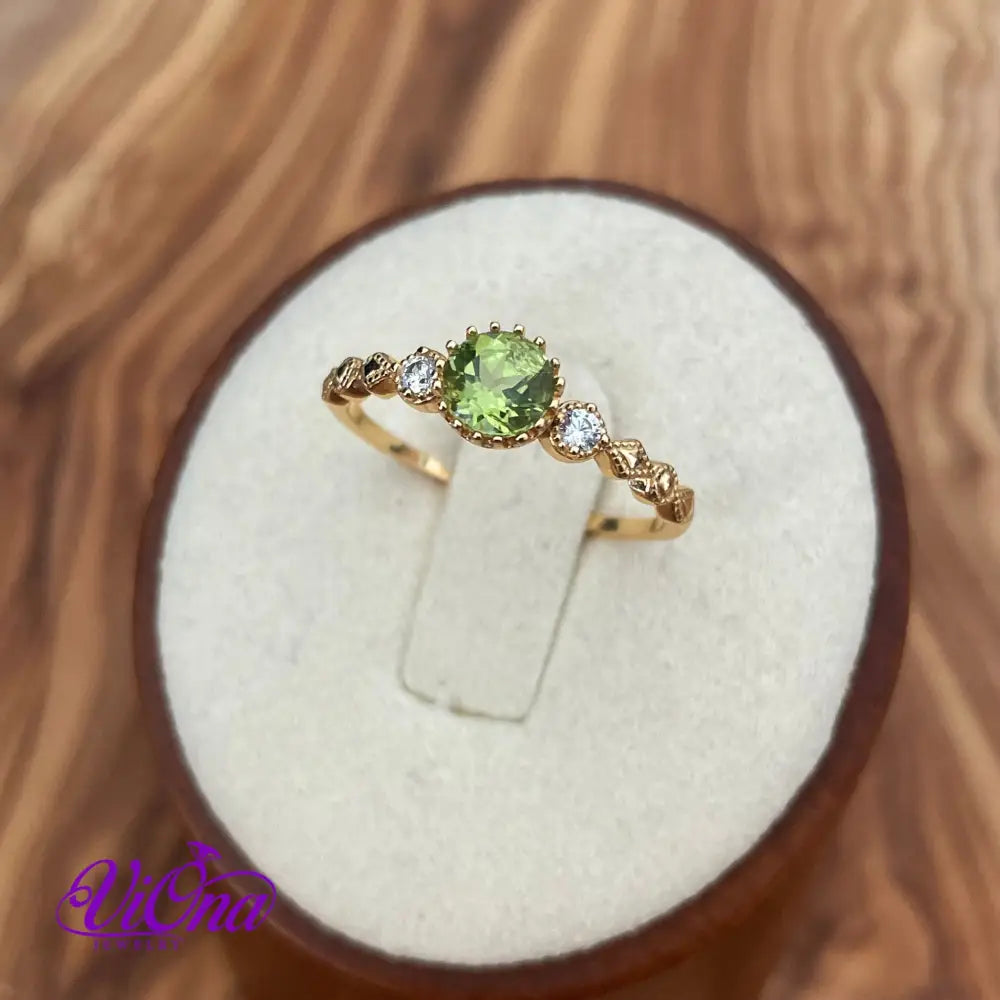 Real Peridot Ring, Round Cut in Gold Plated 925 Sterling Silver with Premium Quality Polished surface plus two CZ side stones