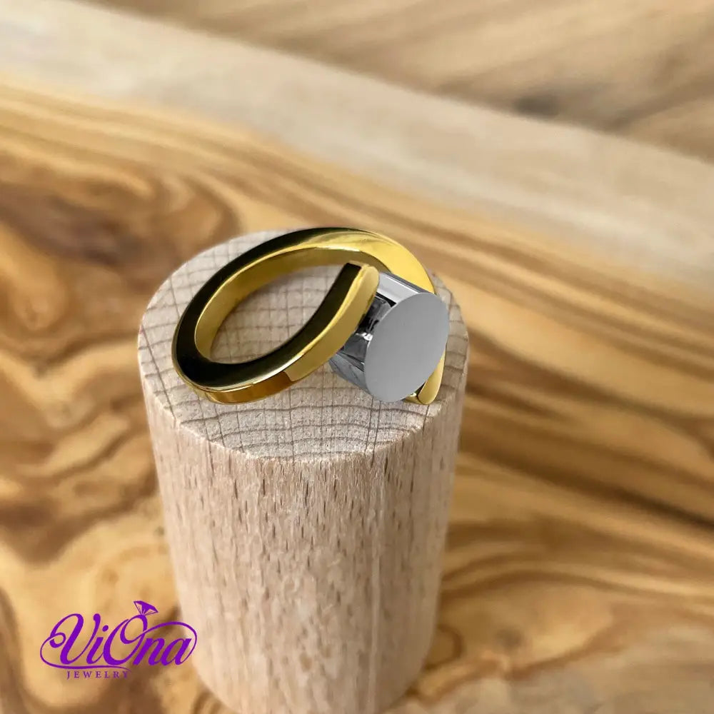 Rotating Disk Elegant Minimalist Stainless Steel Ring, Gold Plated with 18k and Tension Style Shank