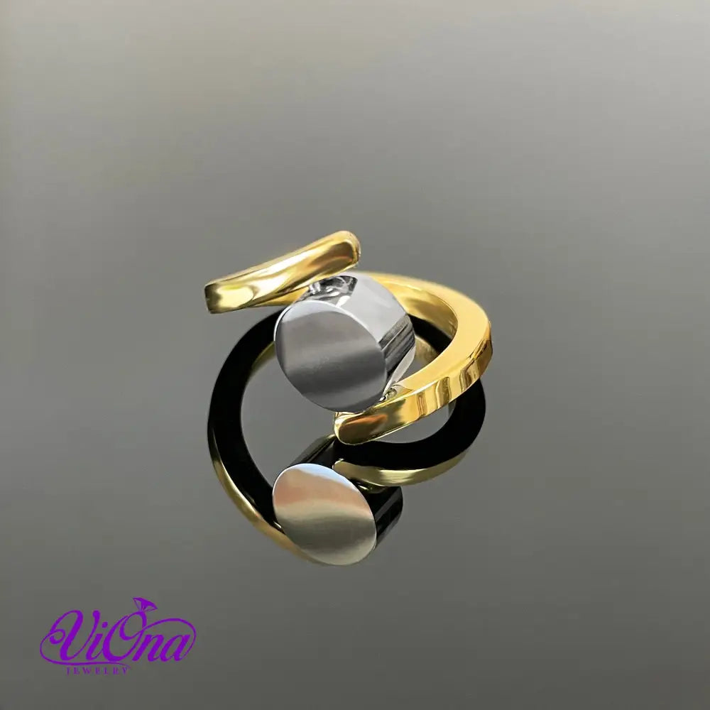 Rotating Disk Elegant Minimalist Stainless Steel Ring, Gold Plated with 18k and Tension Style Shank