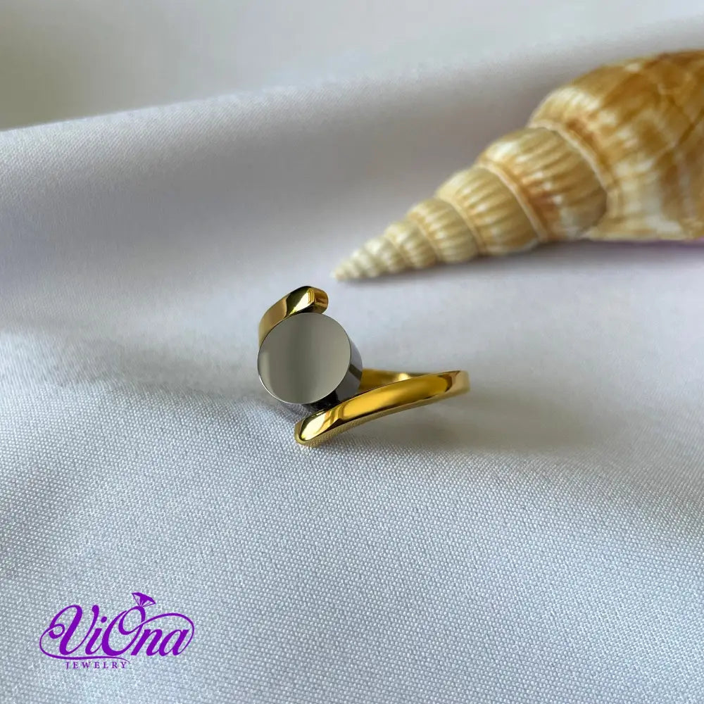 Rotating Disk Elegant Minimalist Stainless Steel Ring, Gold Plated with 18k and Tension Style Shank