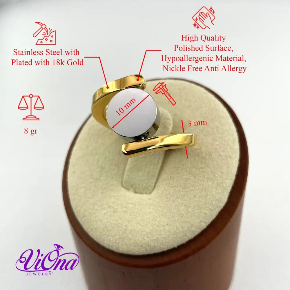 Rotating Disk Elegant Minimalist Stainless Steel Ring, Gold Plated with 18k and Tension Style Shank