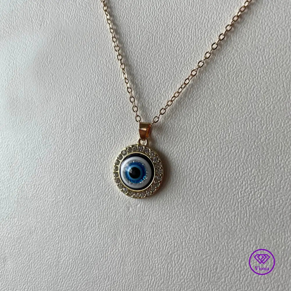 Round Evil Eye necklace, Gold frame with blue pendant