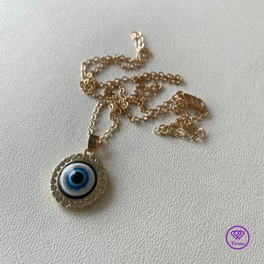 Round Evil Eye necklace, Gold frame with blue pendant