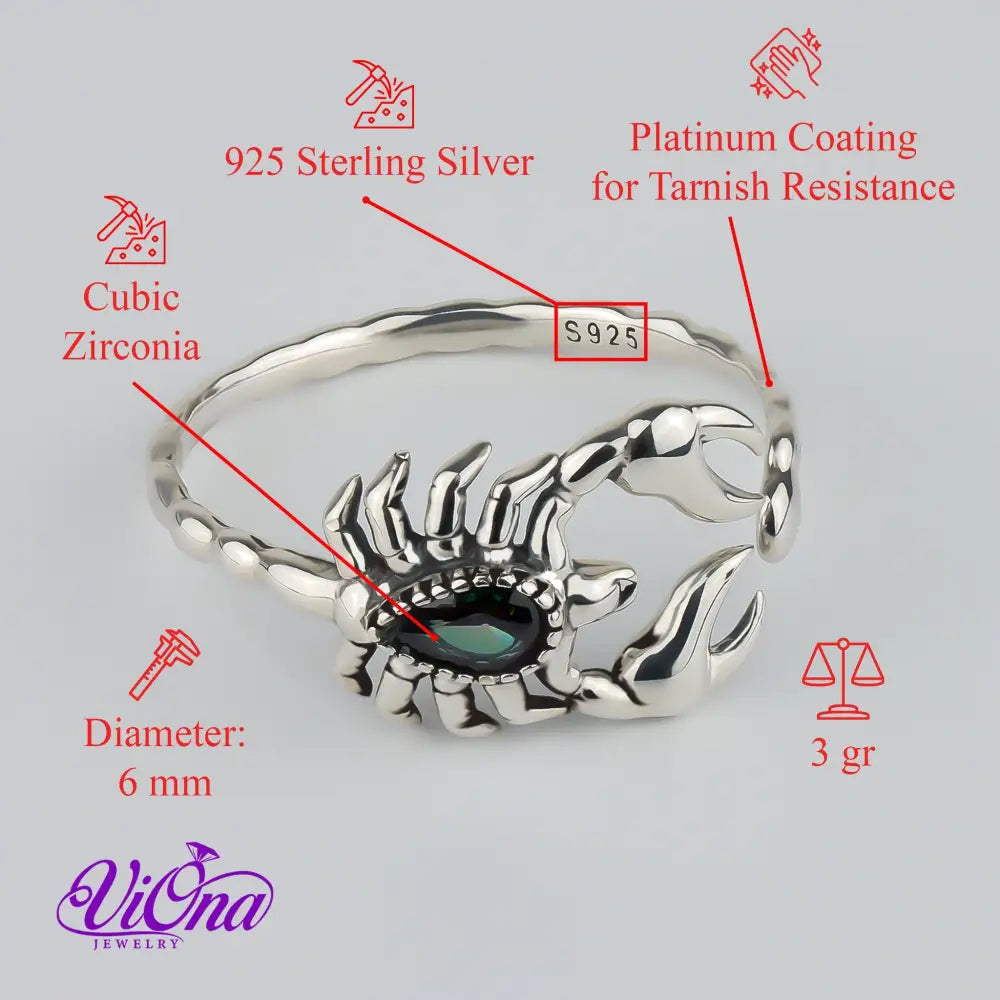 Scorpion Ring from Platinum-Coated 925 Sterling Silver: An Open Ring Design with Gothic Charm and Zodiac Inspiration