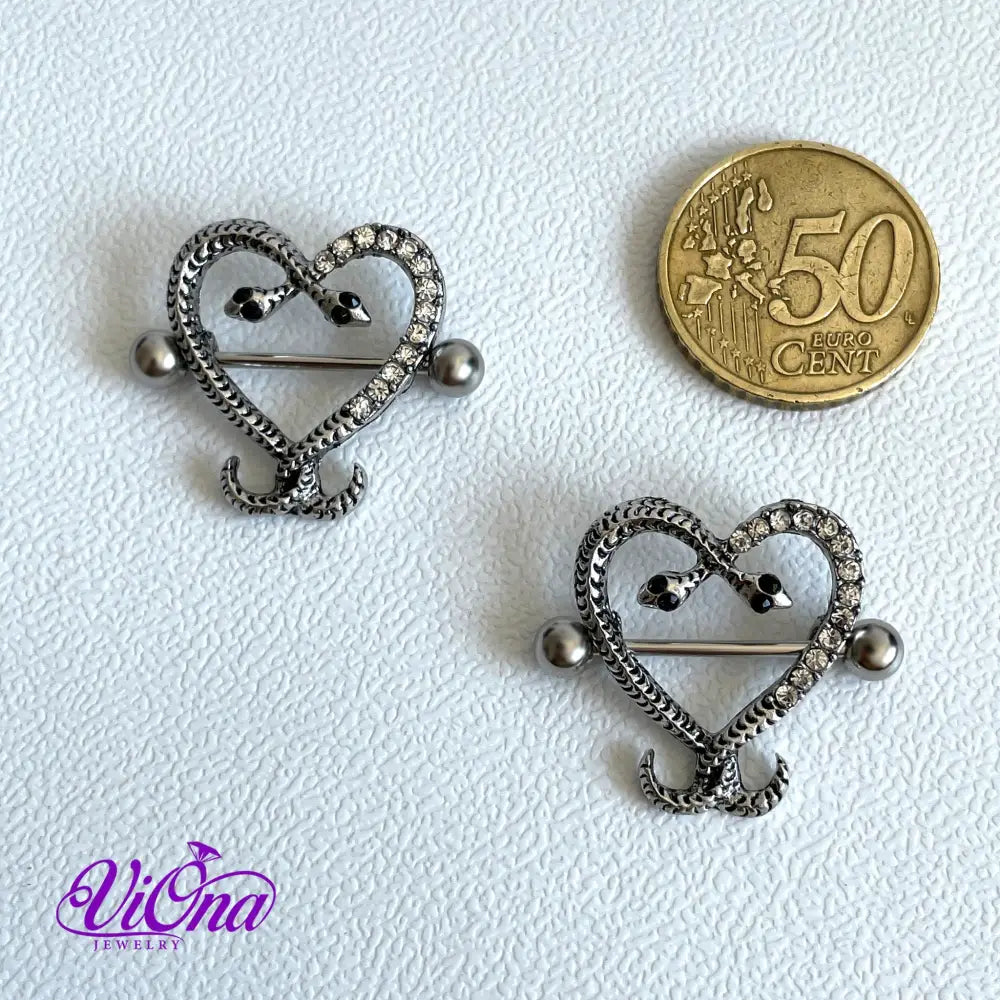 Snake Nipple Piercing in Pair: Silver Color with Intriguing Heart Design and CZ Decoration, Crafted from Allergy-Free 316L Stainless Steel