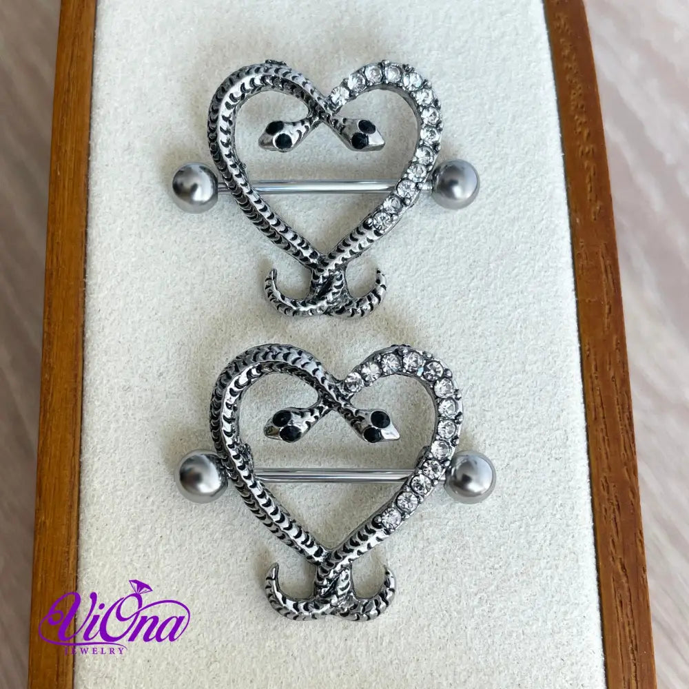 Snake Nipple Piercing in Pair: Silver Color with Intriguing Heart Design and CZ Decoration, Crafted from Allergy-Free 316L Stainless Steel