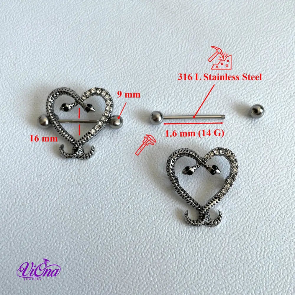 Snake Nipple Piercing in Pair: Silver Color with Intriguing Heart Design and CZ Decoration, Crafted from Allergy-Free 316L Stainless Steel