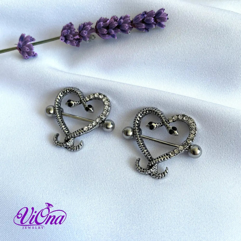 Snake Nipple Piercing in Pair: Silver Color with Intriguing Heart Design and CZ Decoration, Crafted from Allergy-Free 316L Stainless Steel