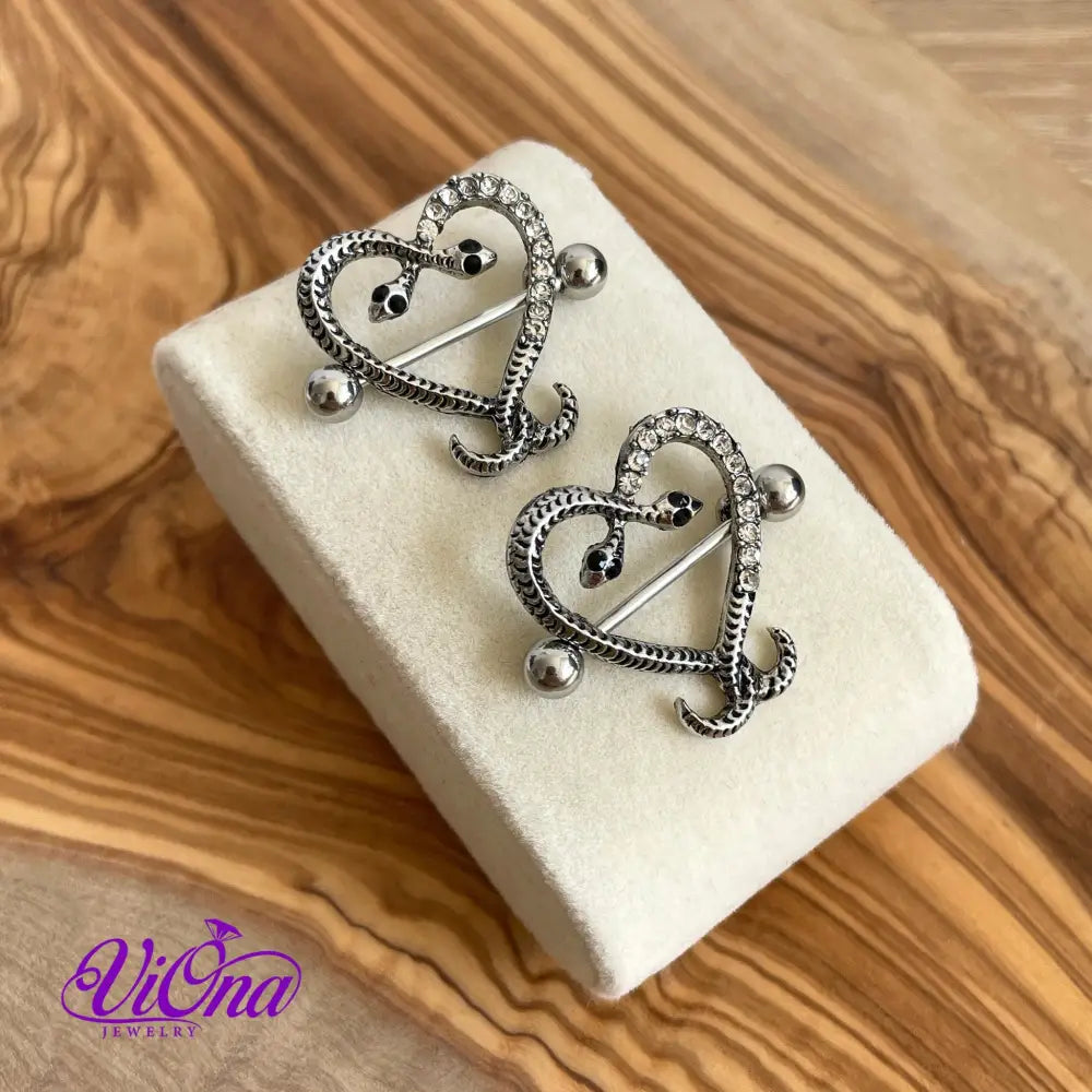 Snake Nipple Piercing in Pair: Silver Color with Intriguing Heart Design and CZ Decoration, Crafted from Allergy-Free 316L Stainless Steel