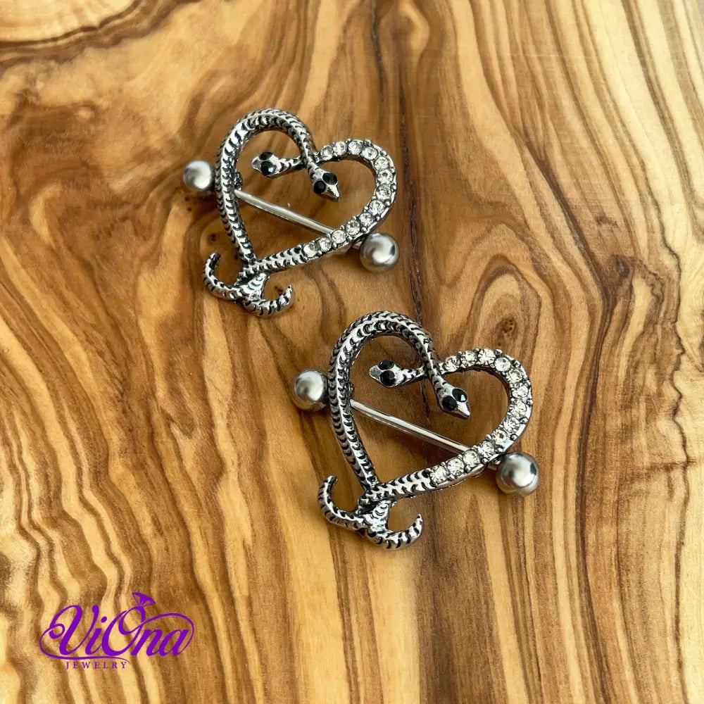 Snake Nipple Piercing in Pair: Silver Color with Intriguing Heart Design and CZ Decoration, Crafted from Allergy-Free 316L Stainless Steel