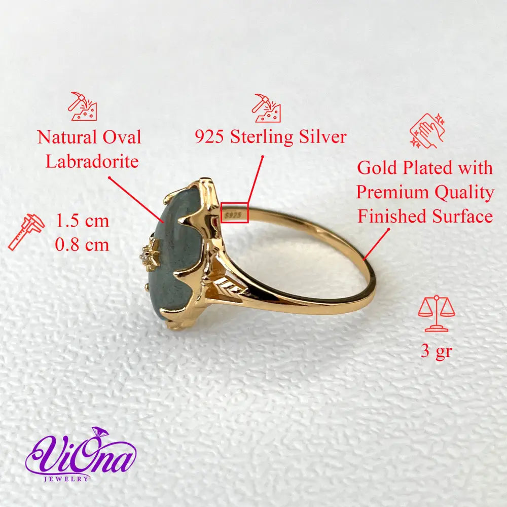 Starry Night Labradorite Ring - 925 Sterling Silver, Gold Plated, Natural Gemstone