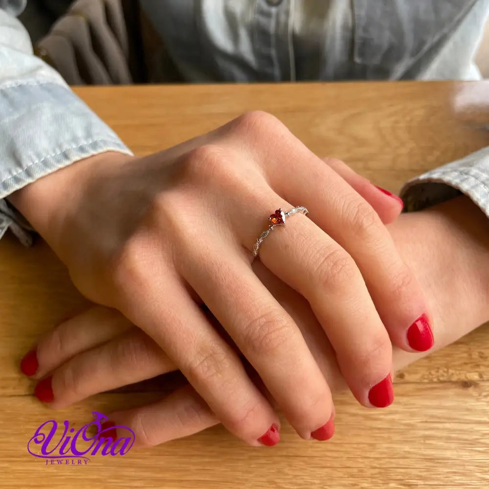 Sterling silver ruby red heart ring with decorated topaz, 925 Stamped