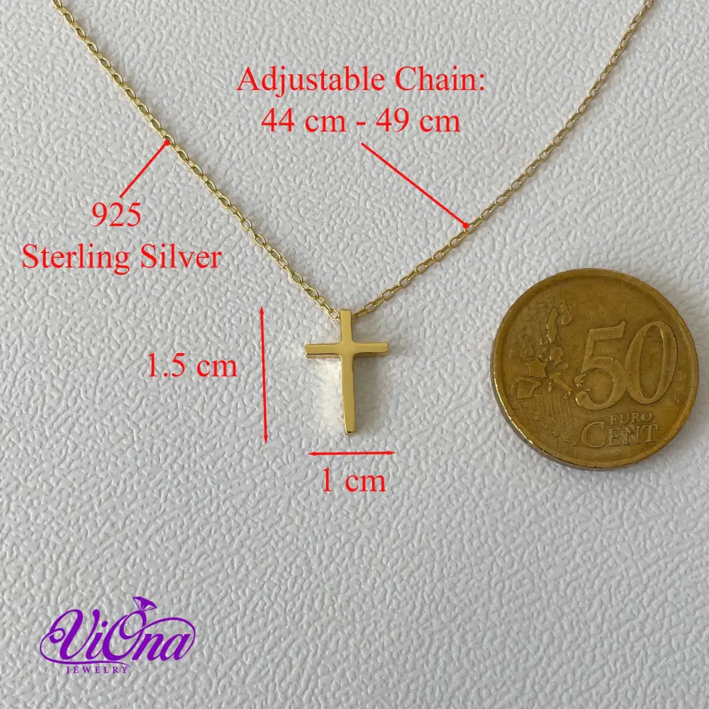 Stylish 925 sterling silver cross Christian necklace with highly polished gold-plated surface with adjustable chain