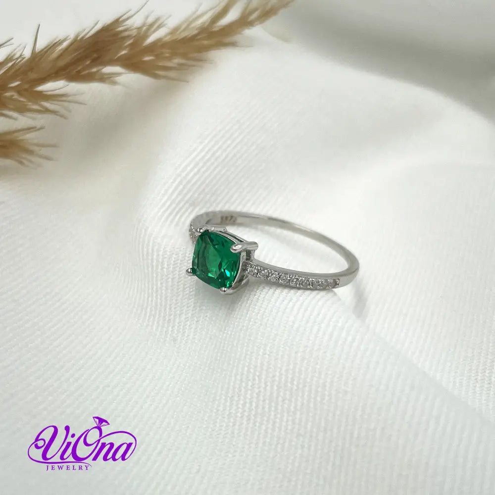 Synthetic Green Emerald Cushion Ring from 925 Sterling Silver and Decorated Cubic Zirconia, Stamped