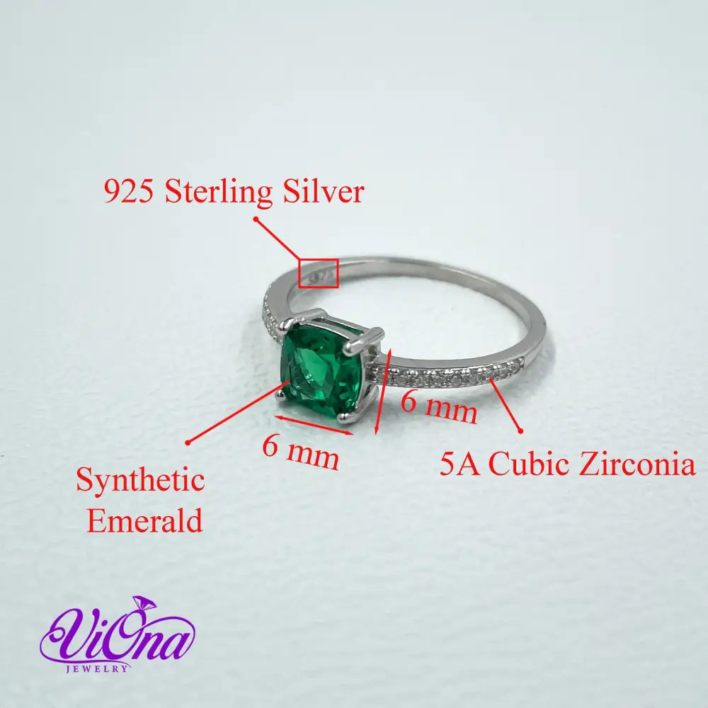 Synthetic Green Emerald Cushion Ring from 925 Sterling Silver and Decorated Cubic Zirconia, Stamped