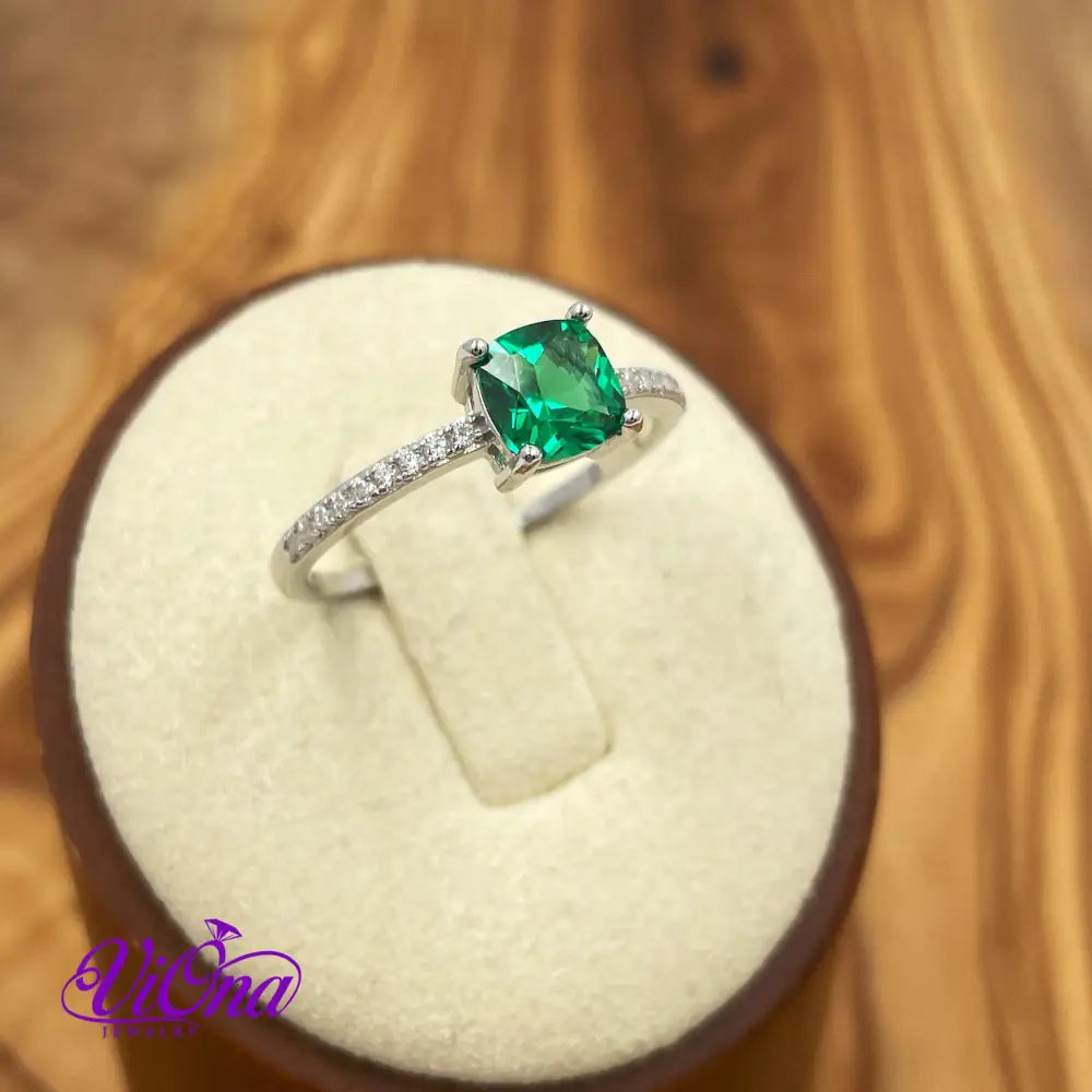 Synthetic Green Emerald Cushion Ring from 925 Sterling Silver and Decorated Cubic Zirconia, Stamped