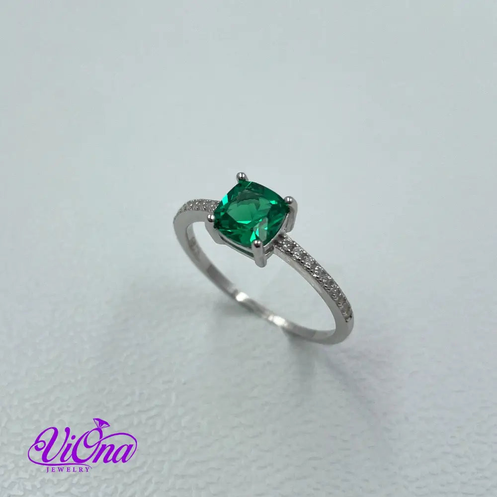 Synthetic Green Emerald Cushion Ring from 925 Sterling Silver and Decorated Cubic Zirconia, Stamped