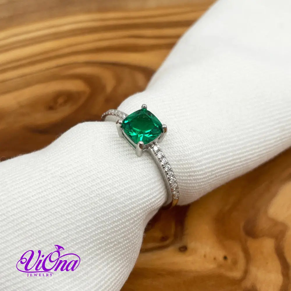 Synthetic Green Emerald Cushion Ring from 925 Sterling Silver and Decorated Cubic Zirconia, Stamped