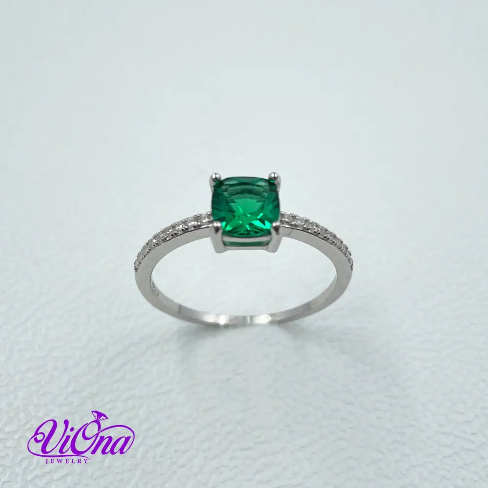 Synthetic Green Emerald Cushion Ring from 925 Sterling Silver and Decorated Cubic Zirconia, Stamped