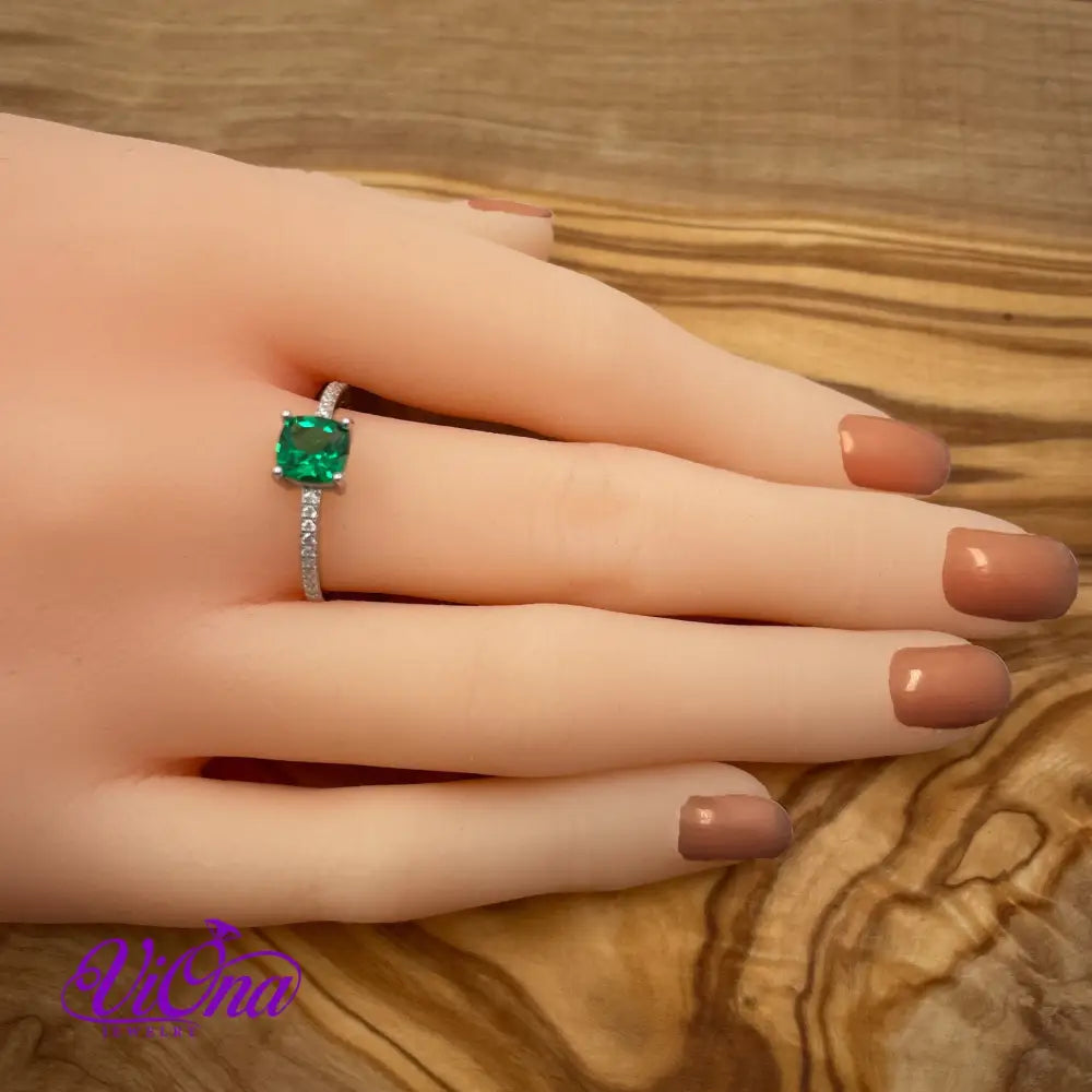 Synthetic Green Emerald Cushion Ring from 925 Sterling Silver and Decorated Cubic Zirconia, Stamped