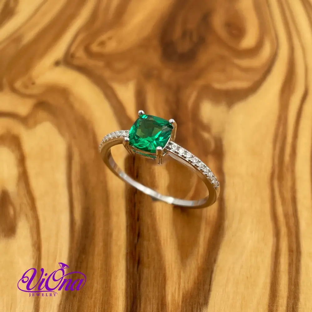 Synthetic Green Emerald Cushion Ring from 925 Sterling Silver and Decorated Cubic Zirconia, Stamped