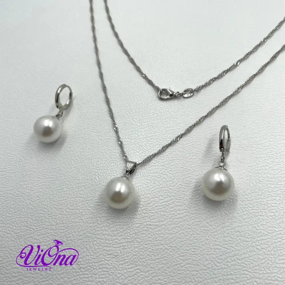 Synthetic Pearl Jewelry Sets 925 Sterling Silver Necklace, Earrings and Pendant